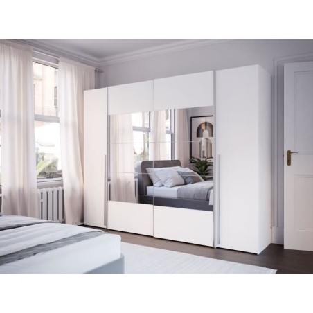 Armoire NARAGO - Décor Blanc mat - 2 portes coulissantes + miroir + 2
