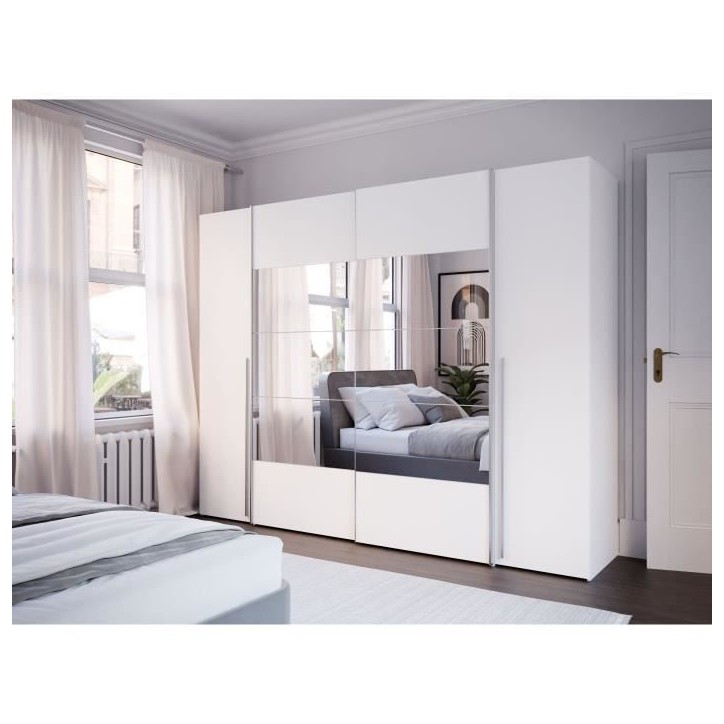 Armoire NARAGO - Décor Blanc mat - 2 portes coulissantes + miroir + 2 portes battantes + 2 penderies - L270 x P61 x H210 cm Armoire NARAGO - Décor Blanc mat - 2 portes coulissantes + miroir + 2 portes battantes + 2 penderies - L270 x P61 x H210 cm