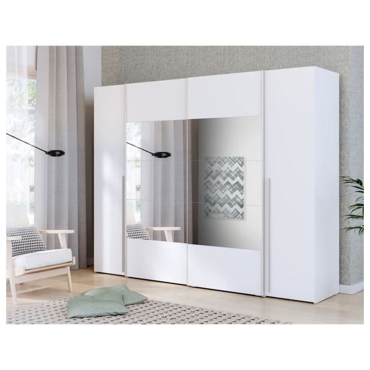 Armoire NARAGO - Décor Blanc mat - 2 portes coulissantes + miroir + 2 portes battantes + 2 penderies - L270 x P61 x H210 cm Armoire NARAGO - Décor Blanc mat - 2 portes coulissantes + miroir + 2 portes battantes + 2 penderies - L270 x P61 x H210 cm