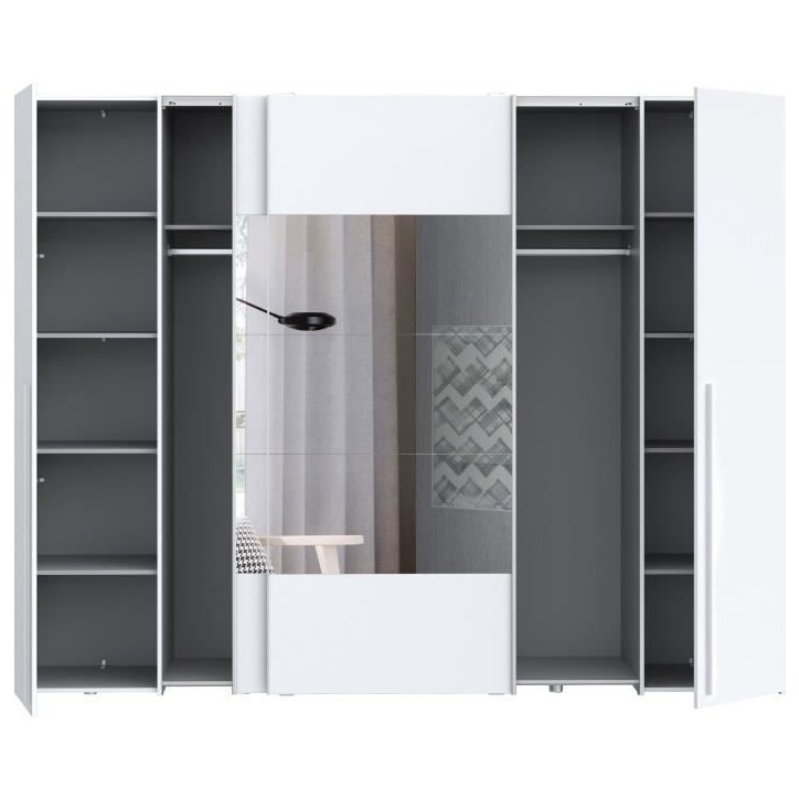 Armoire NARAGO - Décor Blanc mat - 2 portes coulissantes + miroir + 2 portes battantes + 2 penderies - L270 x P61 x H210 cm Armoire NARAGO - Décor Blanc mat - 2 portes coulissantes + miroir + 2 portes battantes + 2 penderies - L270 x P61 x H210 cm
