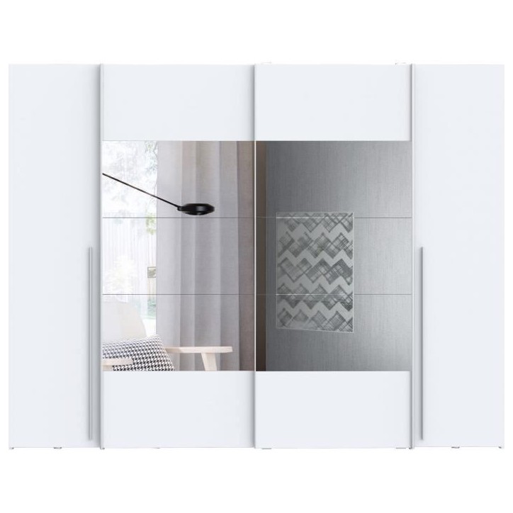 Armoire NARAGO - Décor Blanc mat - 2 portes coulissantes + miroir + 2 portes battantes + 2 penderies - L270 x P61 x H210 cm Armoire NARAGO - Décor Blanc mat - 2 portes coulissantes + miroir + 2 portes battantes + 2 penderies - L270 x P61 x H210 cm