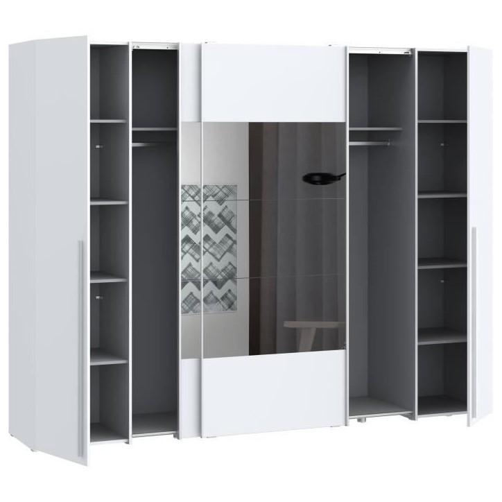 Armoire NARAGO - Décor Blanc mat - 2 portes coulissantes + miroir + 2 portes battantes + 2 penderies - L270 x P61 x H210 cm Armoire NARAGO - Décor Blanc mat - 2 portes coulissantes + miroir + 2 portes battantes + 2 penderies - L270 x P61 x H210 cm