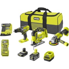 RYOBI Pack 4 outils ONE+ 18V perceuse a percussion + meuleuse + scie s