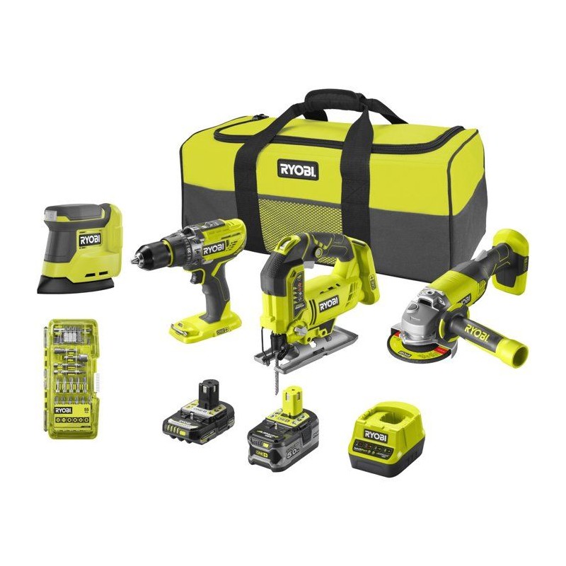 RYOBI Pack 4 outils ONE+ 18V perceuse a percussion + meuleuse + scie s