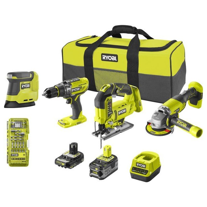 RYOBI Pack 4 outils ONE+ 18V perceuse a percussion + meuleuse + scie sauteuse + ponceuse + batt. 5Ah & 2Ah + sac R18CK4F-252S