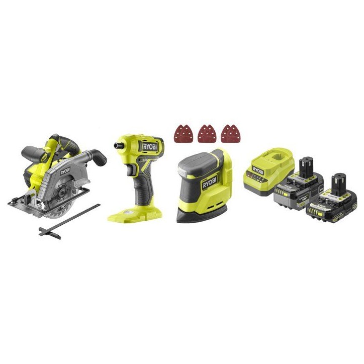 RYOBI Pack 3 outils ONE+ 18V perceuse-visseuse + scie sauteuse + ponceuse delta + batteries 4Ah & 2Ah + chargeur R18CK3G-242G