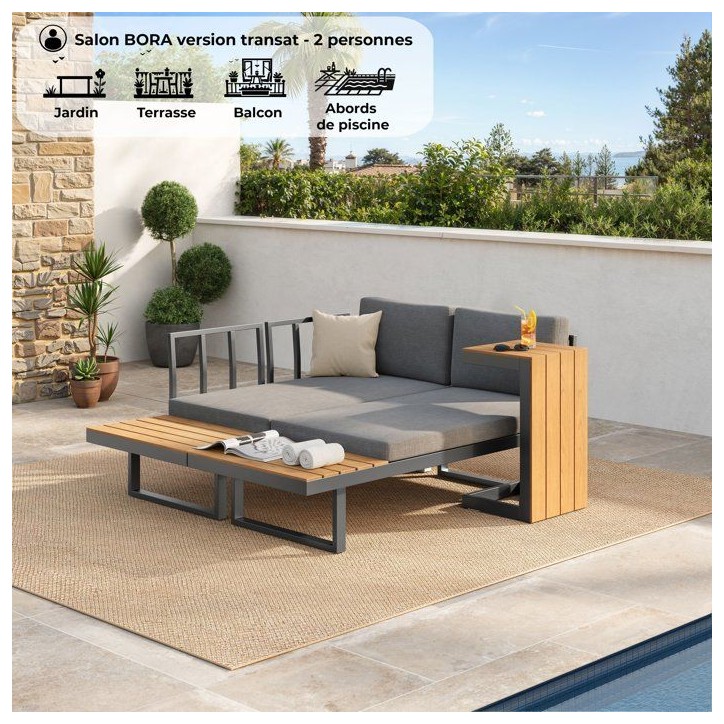 Salon de jardin - BORA - Structure en aluminium - Modulable en canapé ou en transats - Gris - 4 personnes