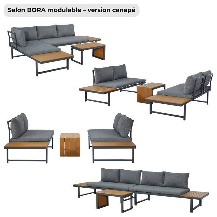 Salon de jardin - BORA - Structure en aluminium - Modulable en canapé ou en transats - Gris - 4 personnes