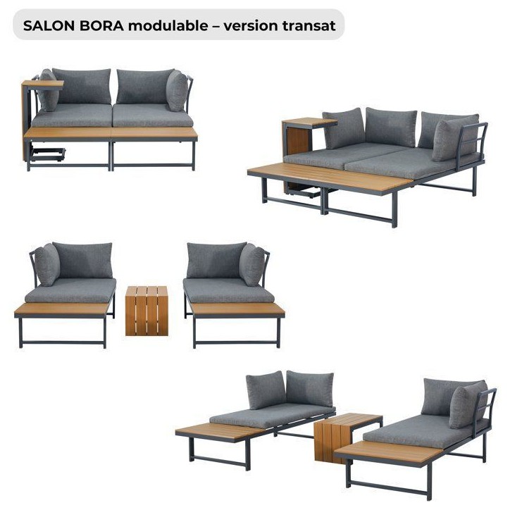 Salon de jardin - BORA - Structure en aluminium - Modulable en canapé ou en transats - Gris - 4 personnes