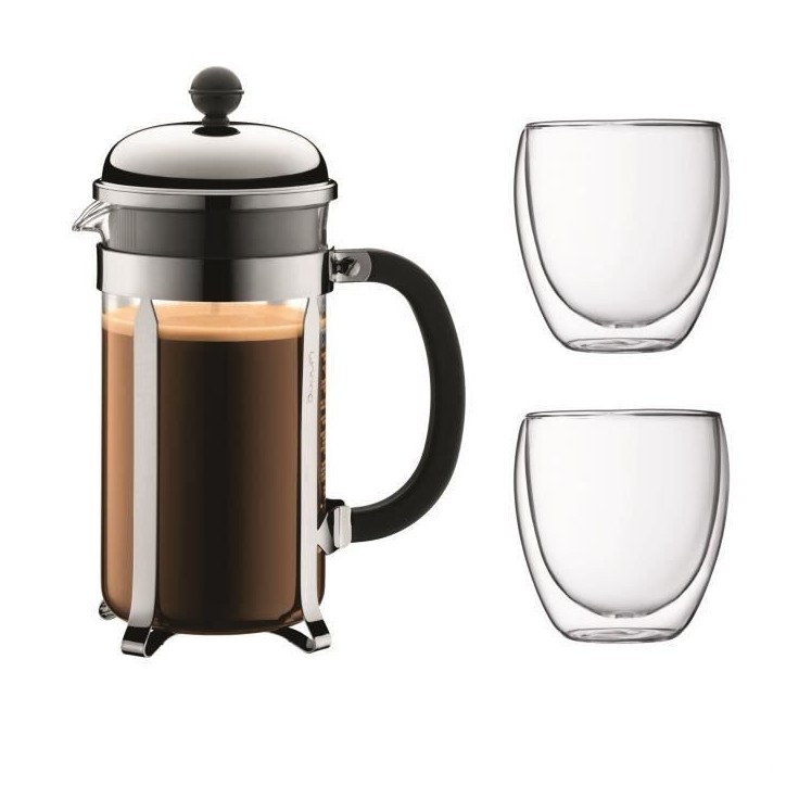 BODUM CHAMBORD Set cafetiere a piston - 8 tasses - 1L - Gris - Avec 2 verres double paroi Pavina 0,35l