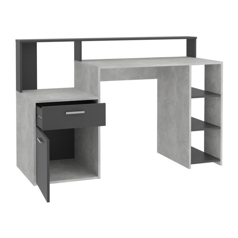 Bureau avec réhausse et rangements BOLTON - Mélamine gris béton/ant Bureau avec réhausse et rangements BOLTON - Mélamine gris béton/ant