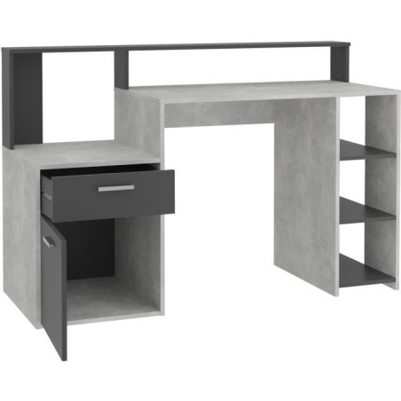 Bureau avec réhausse et rangements BOLTON - Mélamine gris béton/ant