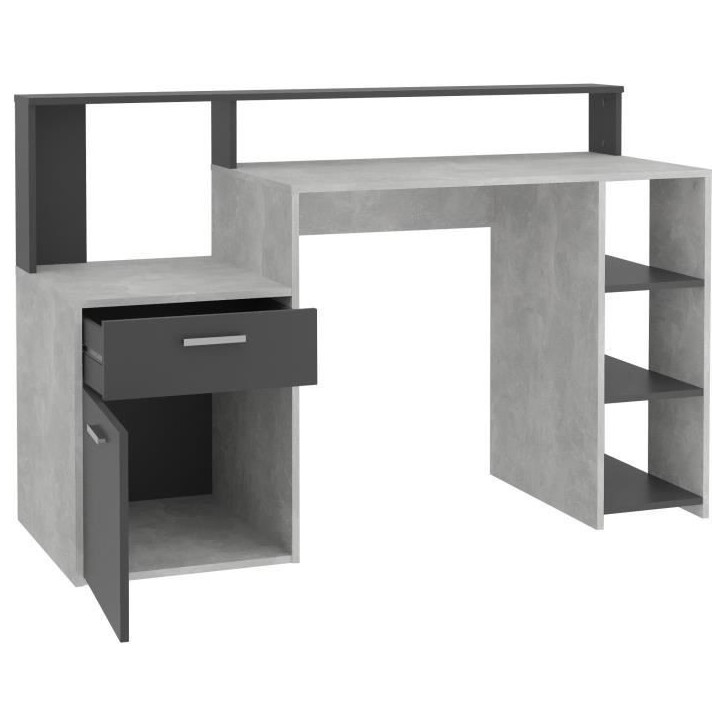 Bureau avec réhausse et rangements BOLTON - Mélamine gris béton/antracite - L138,5 x H91,6 x P53,5 cm