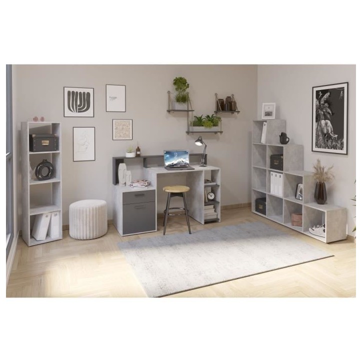 Bureau avec réhausse et rangements BOLTON - Mélamine gris béton/antracite - L138,5 x H91,6 x P53,5 cm