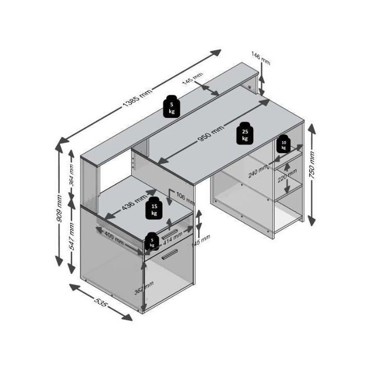 Bureau avec réhausse et rangements BOLTON - Mélamine gris béton/antracite - L138,5 x H91,6 x P53,5 cm