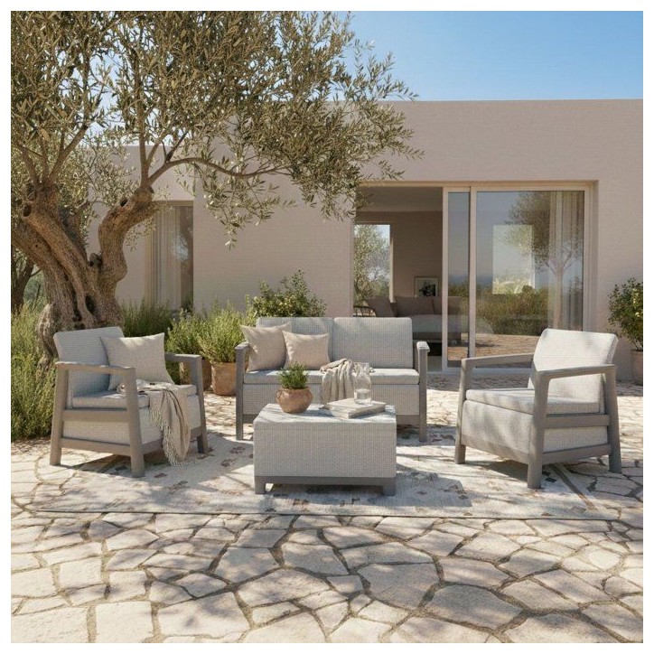 Salon bas de jardin - Résine - 4 places- Keter - Scandi Linea - Table coffre - Imitation canage gris clair et structure gris pe Salon bas de jardin - Résine - 4 places- Keter - Scandi Linea - Table coffre - Imitation canage gris clair et structure gris pe