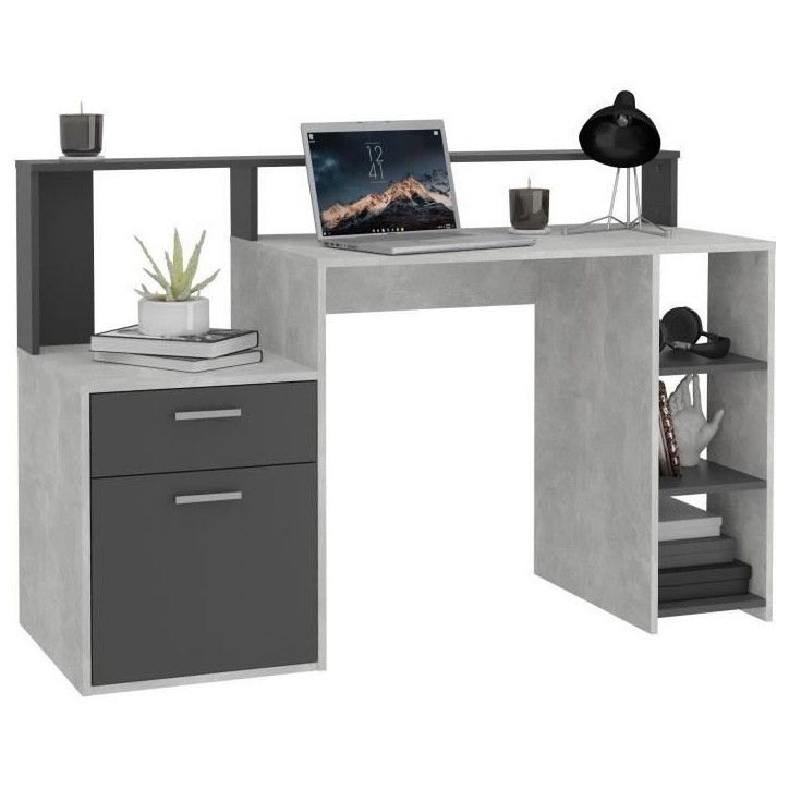 Bureau avec réhausse et rangements BOLTON - Mélamine gris béton/antracite - L138,5 x H91,6 x P53,5 cm