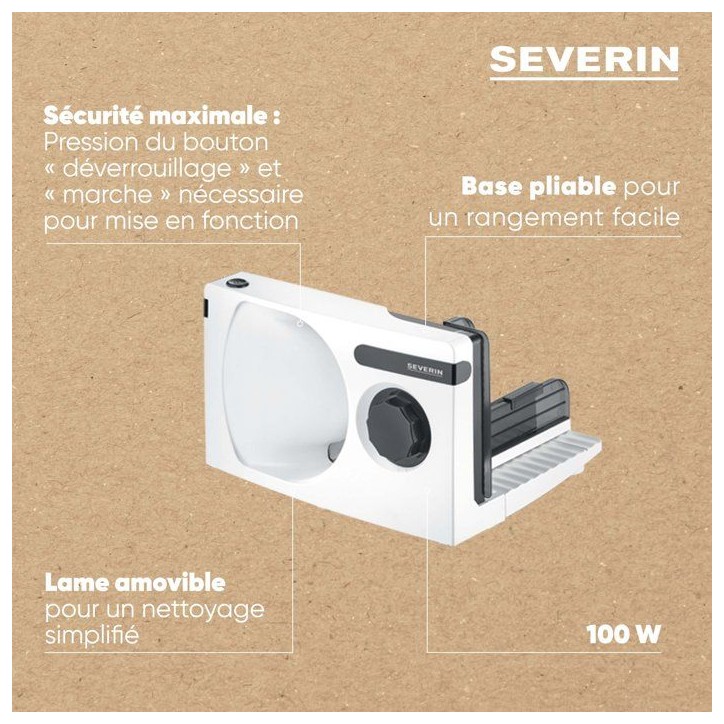 Trancheuse électrique compacte - SEVERIN - AS3912 - 100 W - Lame inox amovible 0 a 15 mm - Blanc