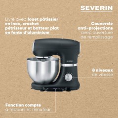 Robot pâtissier avec balance intégrée - SEVERIN - KM3898 - Noir mat