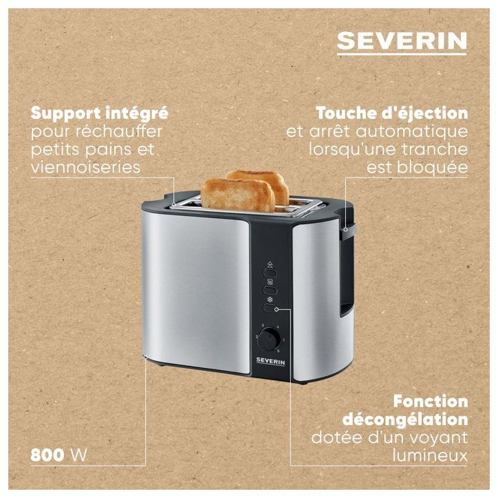 Grille-pain automatique compact - SEVERIN - AT 2589 - Toaster compact 1 fente - Réglage brunissage - inox/noir