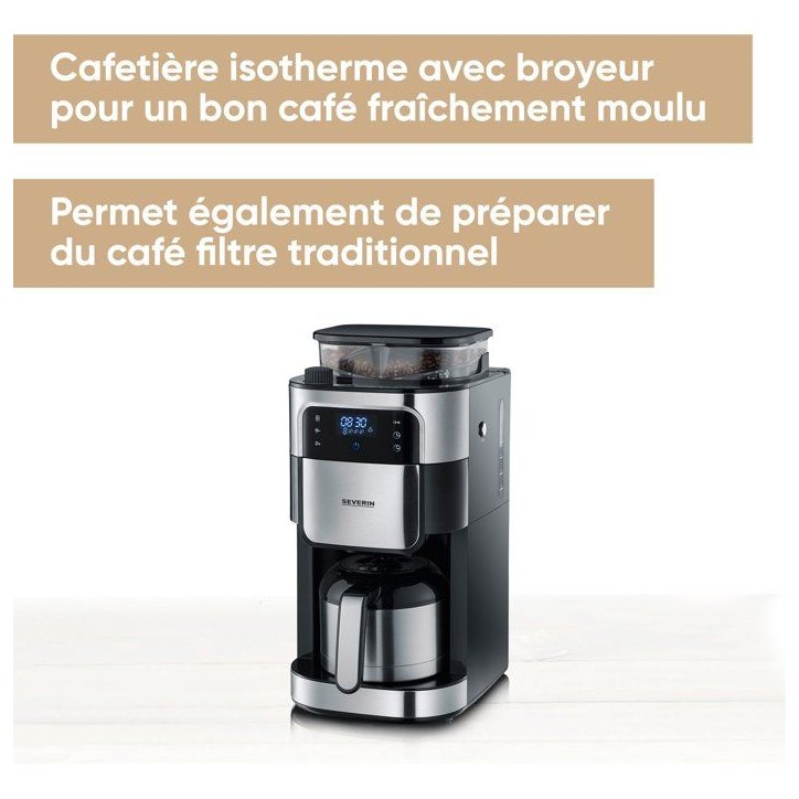 Cafetiere filtre avec broyeur intégré - SEVERIN - KA4814 - Machine a café écran tactile - verseuse isotherme 8 tasses - Noir