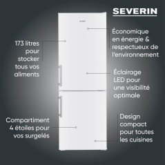 Réfrigérateur combiné congélateur bas - SEVERIN - DT8770 - 2 portes - 173 L - 142x50x56 cm - Blanc