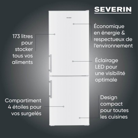 Réfrigérateur combiné congélateur bas - SEVERIN - DT8770 - 2 portes - 173 L - 142x50x56 cm - Blanc