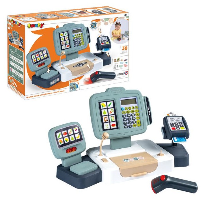 Smoby - Grande Caisse Enregistreuse - Des 3 ans - 30 accessoires - Fabriqué en France - Scanner, sons & lumieres - Calculatrice