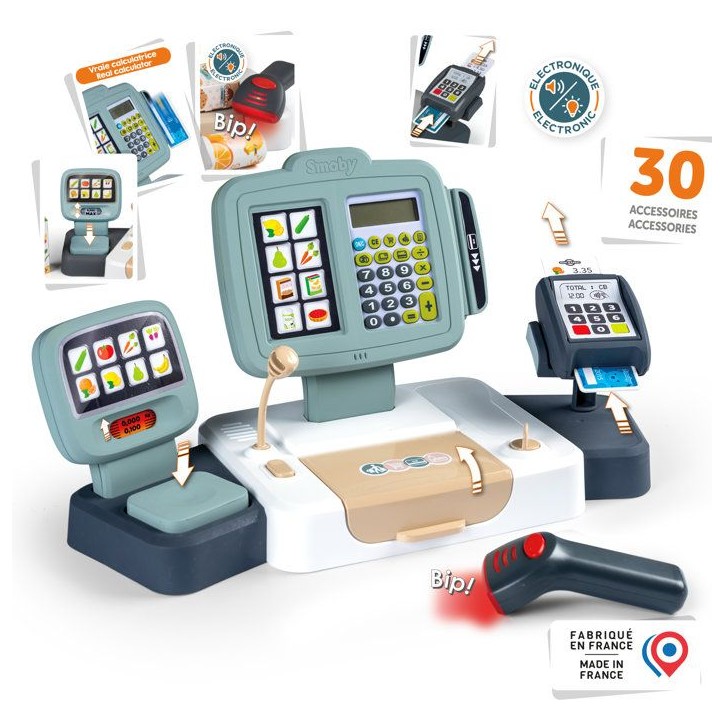 Smoby - Grande Caisse Enregistreuse - Des 3 ans - 30 accessoires - Fabriqué en France - Scanner, sons & lumieres - Calculatrice