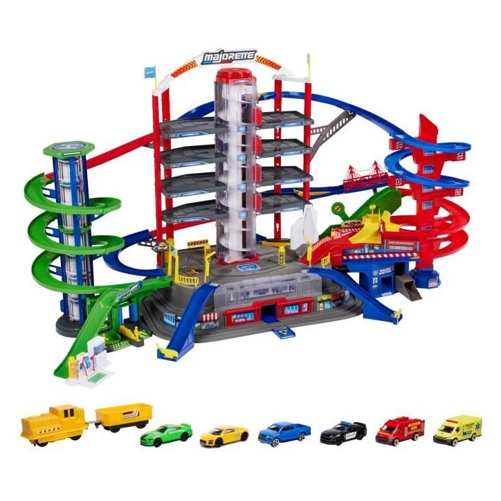 Majorette - Super city garage - 2 niveaux - Sons et lumieres - 6 véhicules métal + 1 train - 128 x 78 x 73 cm Majorette - Super city garage - 2 niveaux - Sons et lumieres - 6 véhicules métal + 1 train - 128 x 78 x 73 cm