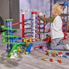 Majorette - Super city garage - 2 niveaux - Sons et lumieres - 6 véhicules métal + 1 train - 128 x 78 x 73 cm