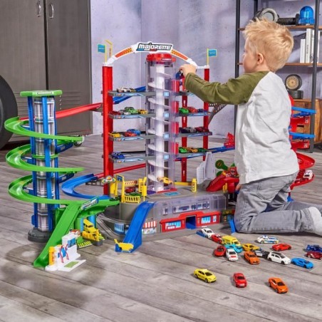Majorette - Super city garage - 2 niveaux - Sons et lumieres - 6 véhicules métal + 1 train - 128 x 78 x 73 cm
