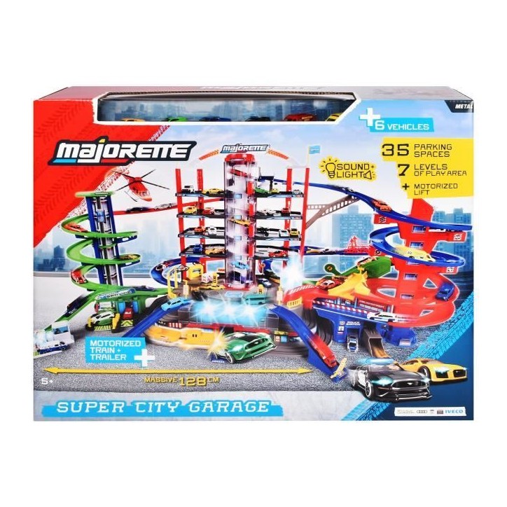 Majorette - Super city garage - 2 niveaux - Sons et lumieres - 6 véhicules métal + 1 train - 128 x 78 x 73 cm Majorette - Super city garage - 2 niveaux - Sons et lumieres - 6 véhicules métal + 1 train - 128 x 78 x 73 cm