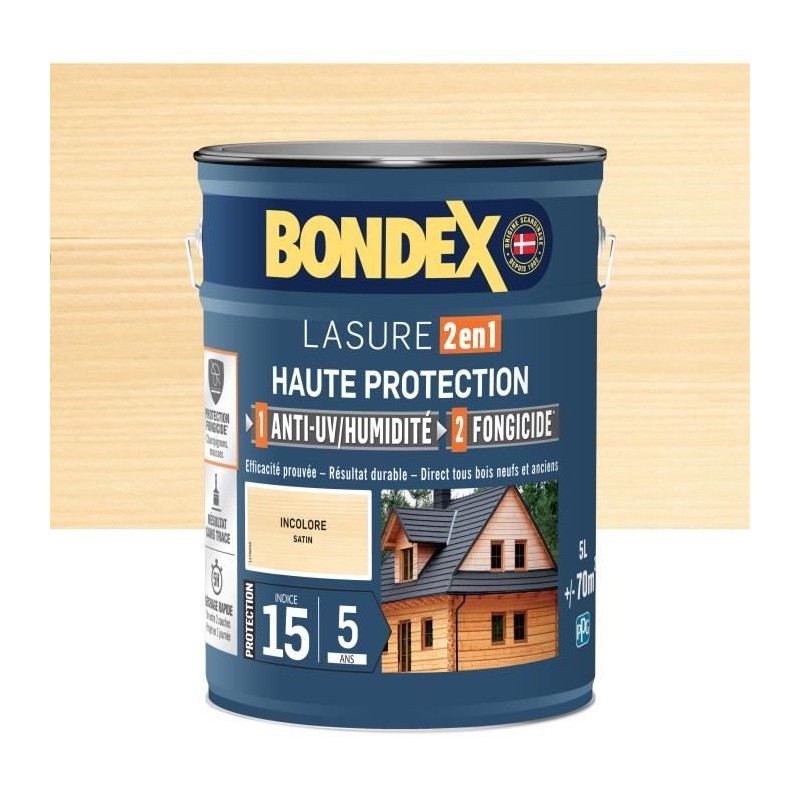 Lasure 2 en 1 Haute protection - Incolore satin - BONDEX - 5 L Lasure 2 en 1 Haute protection - Incolore satin - BONDEX - 5 L