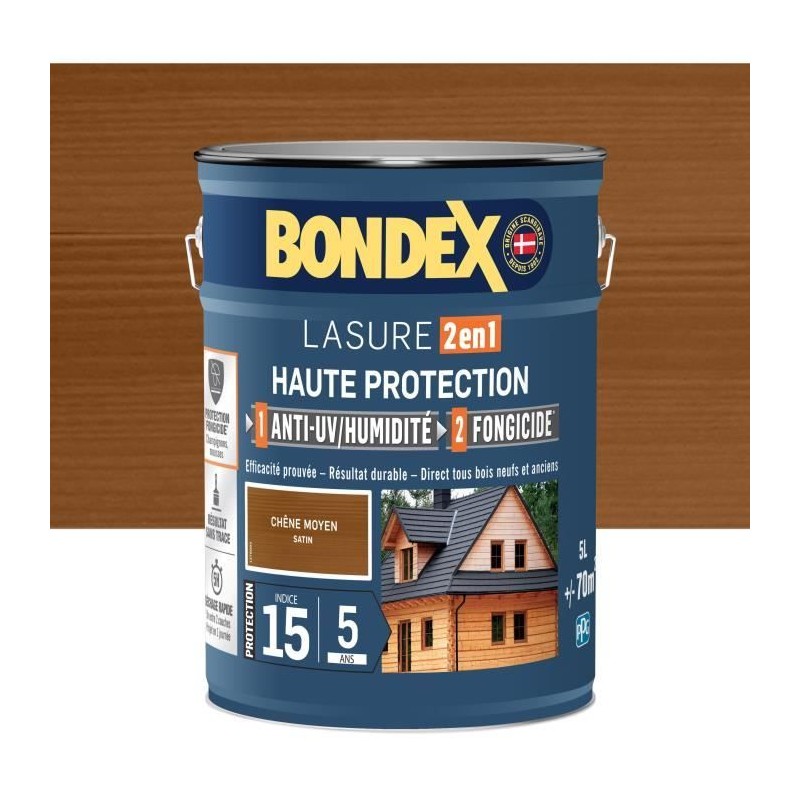 Lasure 2 en 1 Haute protection - Chene moyen satin - BONDEX - 5 L Lasure 2 en 1 Haute protection - Chene moyen satin - BONDEX - 5 L