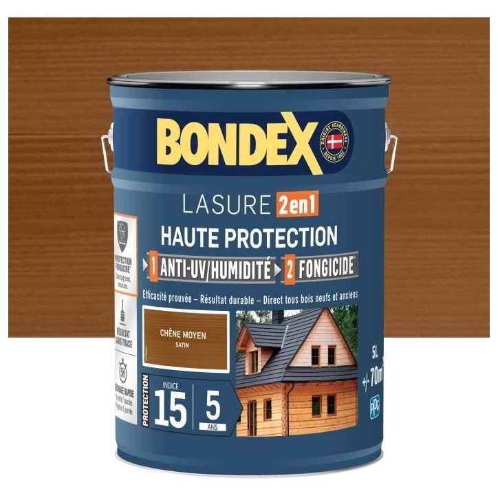 Lasure 2 en 1 Haute protection - Chene moyen satin - BONDEX - 5 L Lasure 2 en 1 Haute protection - Chene moyen satin - BONDEX - 5 L