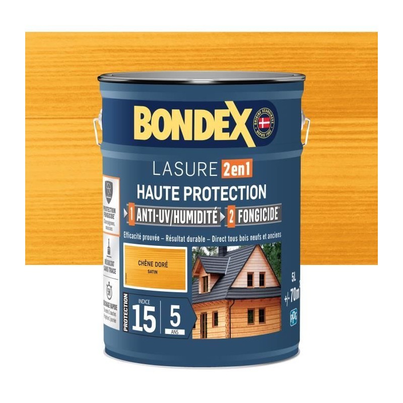 Lasure 2 en 1 Haute protection - Chene doré satin - BONDEX - 5 L Lasure 2 en 1 Haute protection - Chene doré satin - BONDEX - 5 L