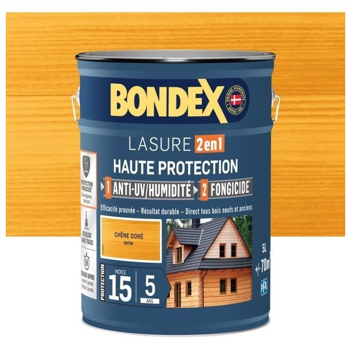 Lasure 2 en 1 Haute protection - Chene doré satin - BONDEX - 5 L Lasure 2 en 1 Haute protection - Chene doré satin - BONDEX - 5 L