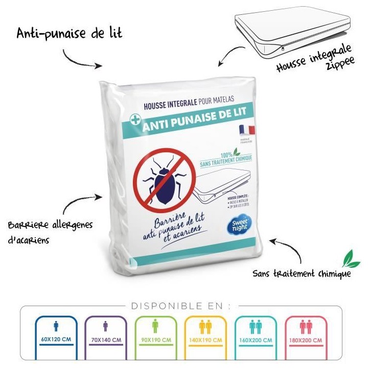 SWEET NIGHT Housse complete pour matelas Anti-acariens Anti punaise de lit - 180 x 200 cm - Blanc SWEET NIGHT Housse complete pour matelas Anti-acariens Anti punaise de lit - 180 x 200 cm - Blanc