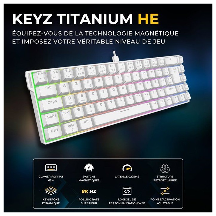 Clavier gamer - Magnétique - THE G-LAB - Keyz Titanium HE - AZERTY Compact 65% - RGB - Blanc