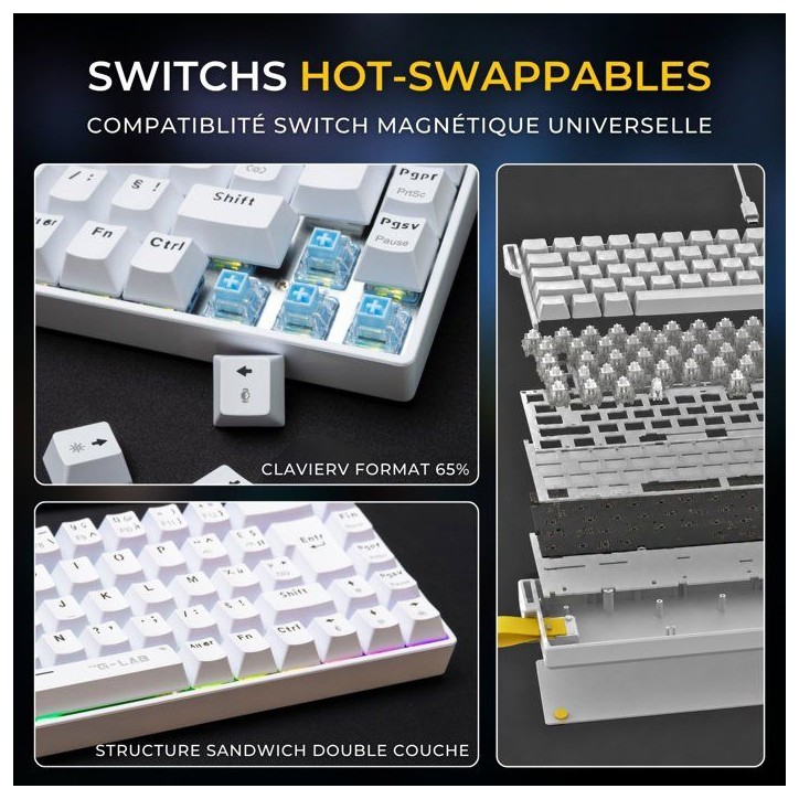 Clavier gamer - Magnétique - THE G-LAB - Keyz Titanium HE - AZERTY Compact 65% - RGB - Blanc