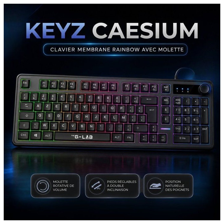 Clavier gamer membrane - Touches silencieuses - THE G-LAB - KEYZ CAESIUM EX - 100% - Filaire - Rainbow - Noir Clavier gamer membrane - Touches silencieuses - THE G-LAB - KEYZ CAESIUM EX - 100% - Filaire - Rainbow - Noir
