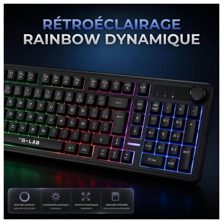 Clavier gamer membrane - Touches silencieuses - THE G-LAB - KEYZ CAESIUM EX - 100% - Filaire - Rainbow - Noir Clavier gamer membrane - Touches silencieuses - THE G-LAB - KEYZ CAESIUM EX - 100% - Filaire - Rainbow - Noir
