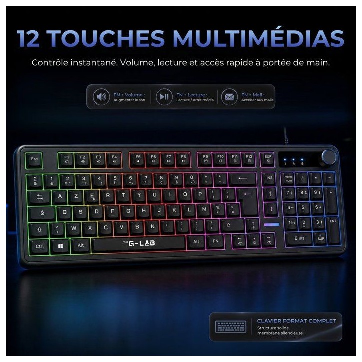 Clavier gamer membrane - Touches silencieuses - THE G-LAB - KEYZ CAESIUM EX - 100% - Filaire - Rainbow - Noir Clavier gamer membrane - Touches silencieuses - THE G-LAB - KEYZ CAESIUM EX - 100% - Filaire - Rainbow - Noir