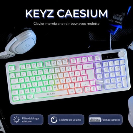 Clavier gamer membrane - Touches silencieuses - THE G-LAB - KEYZ CAESIUM EX - 100% - Filaire - Rainbow - Blanc