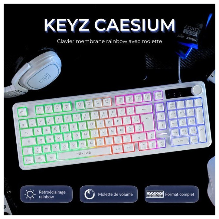 Clavier gamer membrane - Touches silencieuses - THE G-LAB - KEYZ CAESIUM EX - 100% - Filaire - Rainbow - Blanc Clavier gamer membrane - Touches silencieuses - THE G-LAB - KEYZ CAESIUM EX - 100% - Filaire - Rainbow - Blanc