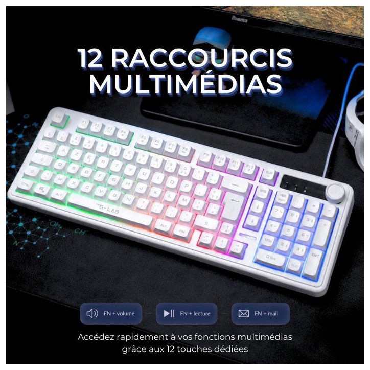 Clavier gamer membrane - Touches silencieuses - THE G-LAB - KEYZ CAESIUM EX - 100% - Filaire - Rainbow - Blanc Clavier gamer membrane - Touches silencieuses - THE G-LAB - KEYZ CAESIUM EX - 100% - Filaire - Rainbow - Blanc