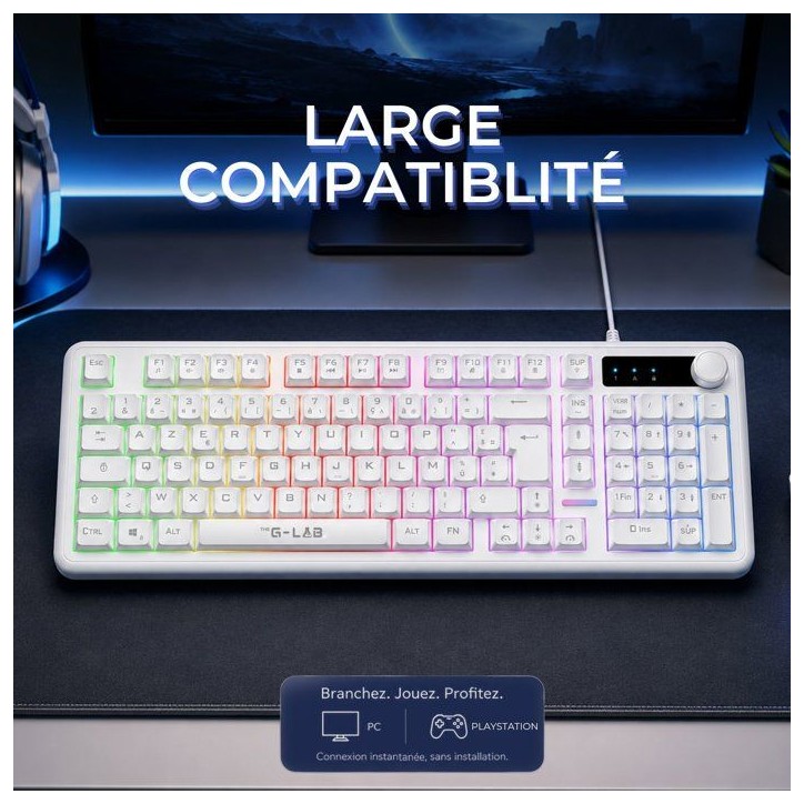 Clavier gamer membrane - Touches silencieuses - THE G-LAB - KEYZ CAESIUM EX - 100% - Filaire - Rainbow - Blanc Clavier gamer membrane - Touches silencieuses - THE G-LAB - KEYZ CAESIUM EX - 100% - Filaire - Rainbow - Blanc