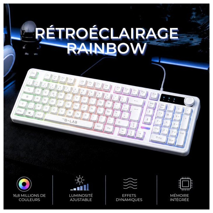 Clavier gamer membrane - Touches silencieuses - THE G-LAB - KEYZ CAESIUM EX - 100% - Filaire - Rainbow - Blanc Clavier gamer membrane - Touches silencieuses - THE G-LAB - KEYZ CAESIUM EX - 100% - Filaire - Rainbow - Blanc