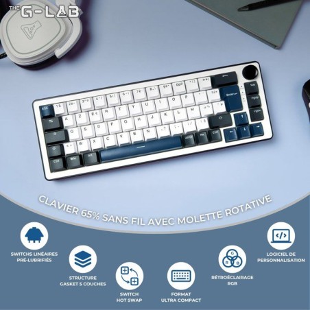 Clavier mécanique gamer - PBT double injection - THE G-LAB - KEYZ Elite 200 BW - AZERTY TKL - RGB - Bleu